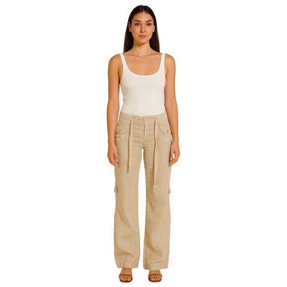Vintage Y2K Guess Jeans Women's 27 Linen Cargo Pants Drawstring Beige Loose - Picture 1 of 10